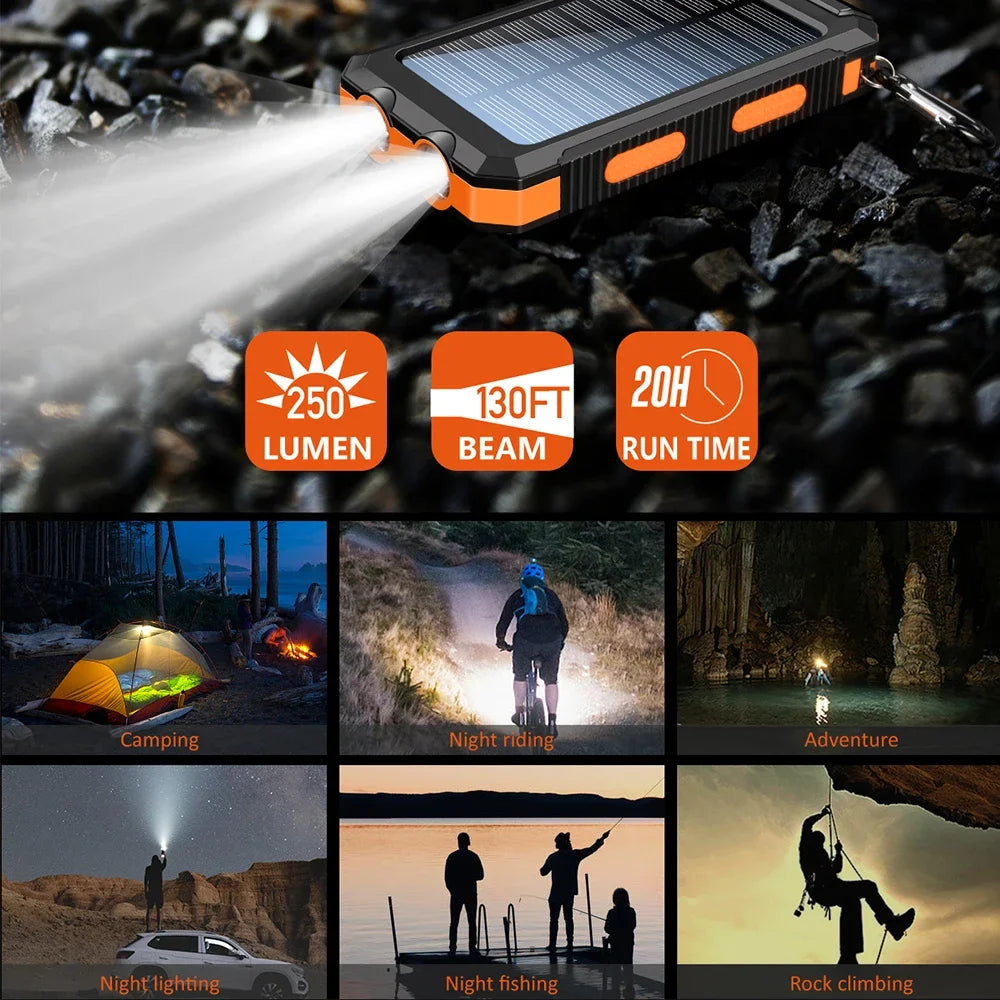 10000mAh Solar Charging Power Bank,Dual USB & Type C Output Port Multicharger Power Bank with Flashlight and Compass