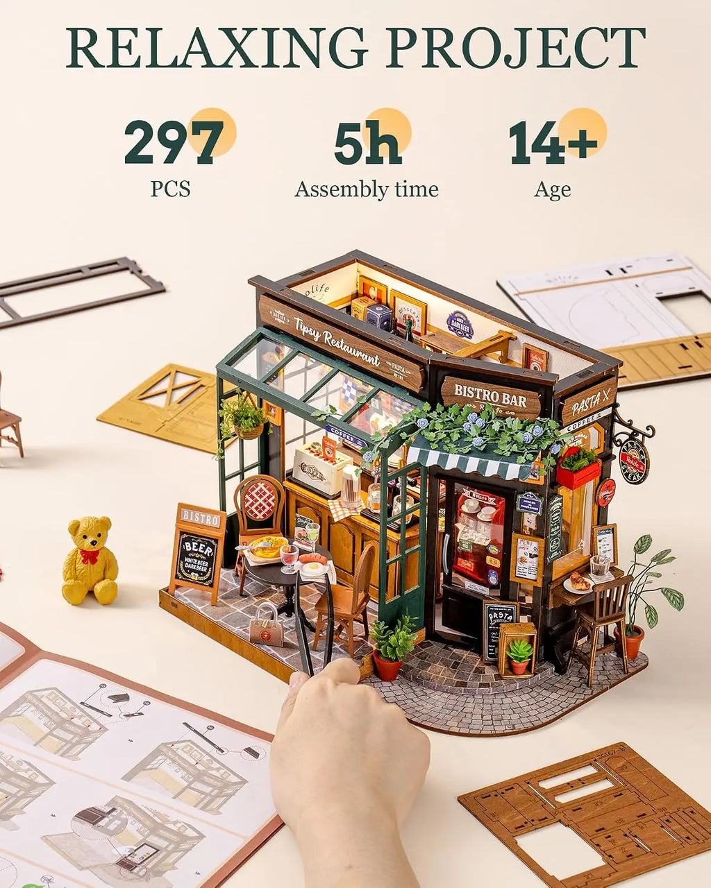 Robotime Rolife DIY Miniature House Kit Tipsy Restaurant Desk Bookshelf Decoration for Adults Gift Idea For Girls Boys Kids
