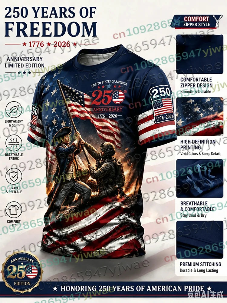 America 250th Anniversary 3D Print Mens TShirt USA Flag 1776–2026 Patriotic American Independence Day Apparel Fourth Of July Top