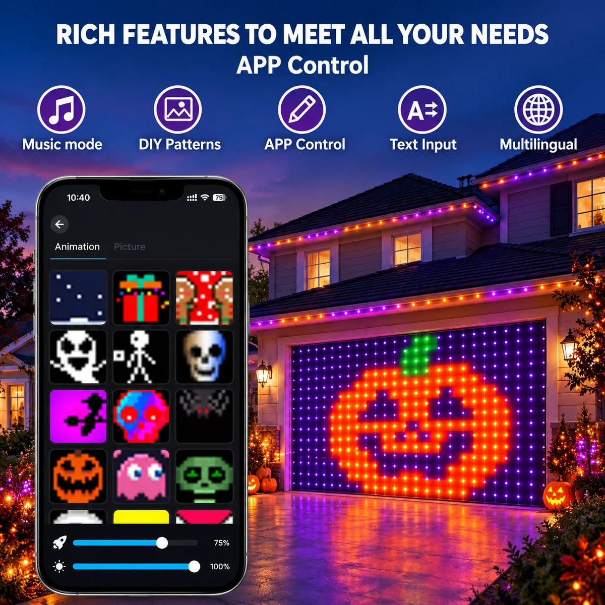 Smart APP Controlled RGB LED Curtain Lights, Programmable DIY Pattern & Text Display, Music Sync Fairy String Lights for Halloween Christmas Window Wall Holiday Decor