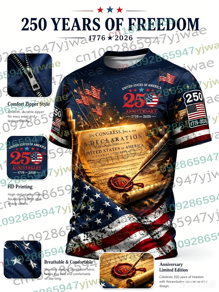 America 250th Anniversary 3D Print Mens TShirt USA Flag 1776–2026 Patriotic American Independence Day Apparel Fourth Of July Top