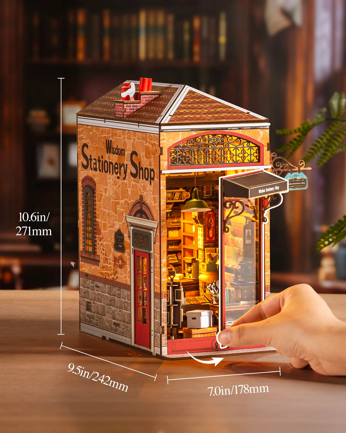 Rolife Wisdom Stationery Shop DIY Book Nook Kit 472-Piece Wooden Dollhouse 3D Puzzle DIY Miniature House Model Building Kit with LED Light for Bookshelf Decor Gift for Book Lovers