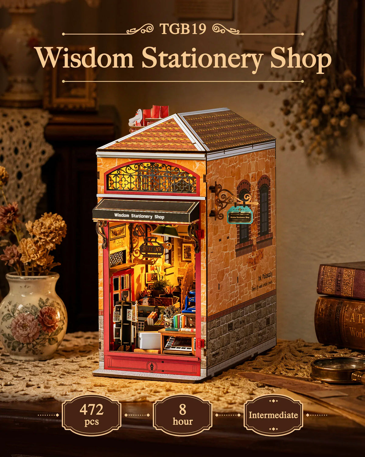 Rolife Wisdom Stationery Shop DIY Book Nook Kit 472-Piece Wooden Dollhouse 3D Puzzle DIY Miniature House Model Building Kit with LED Light for Bookshelf Decor Gift for Book Lovers