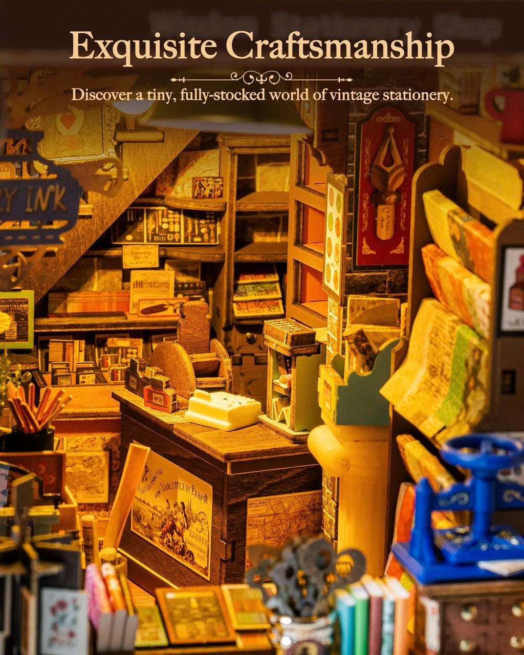 Rolife Wisdom Stationery Shop DIY Book Nook Kit 472-Piece Wooden Dollhouse 3D Puzzle DIY Miniature House Model Building Kit with LED Light for Bookshelf Decor Gift for Book Lovers