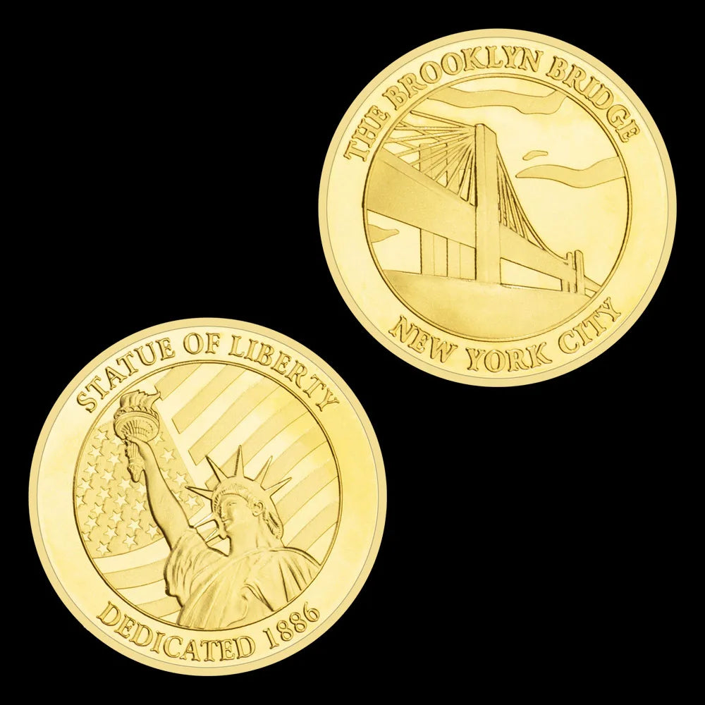 US Statue of Liberty Souvenir New York City The Brooklyn Bridge Pattern Golden  Commemorative Coin Collectibles Liberty Coin